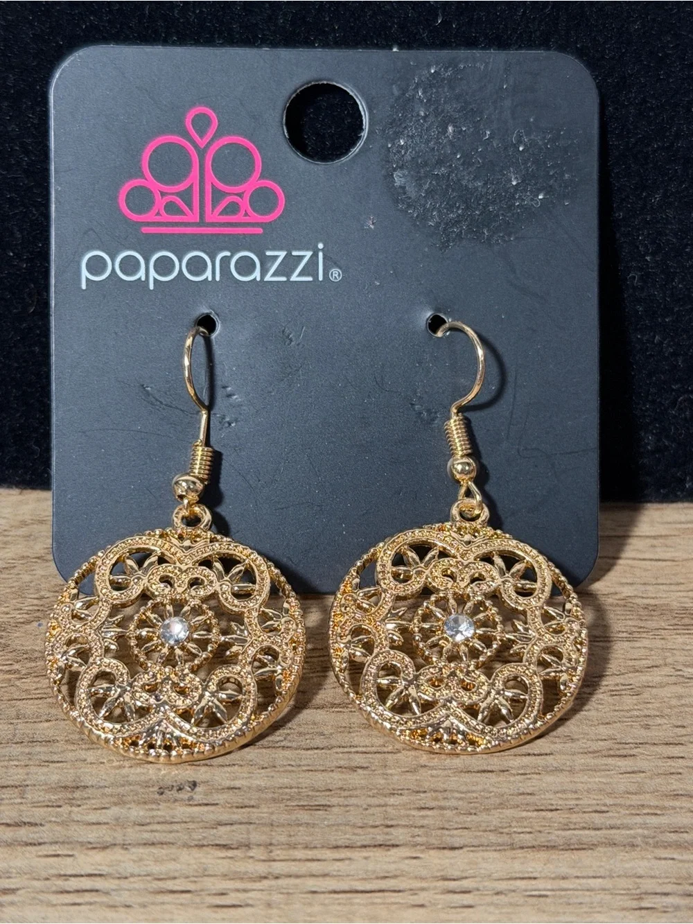 Paparazzi Gold Filigree Medallion Drop Earrings with Clear Stone